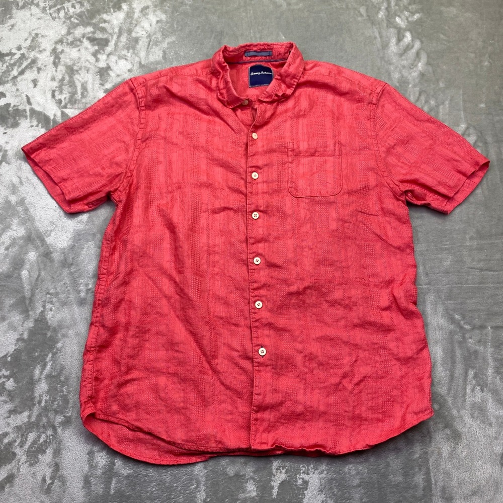 Tommy Bahama Mens XL Linen Short Sleeve Button‎ Down Shirt Coral Textured Boho